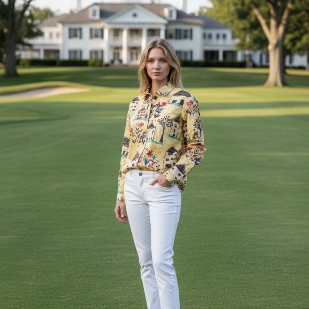Chico's Jacket 6/6 butter Yellow Scenic Village Floral shacket old money preppy‎